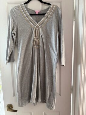 Lilly Pulitzer Gray V-Neck Embroidered Tunic Dress